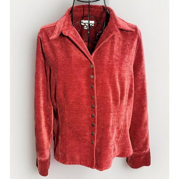 CHRISTOPHER & BANKS Petite Velour Snap Front Shirt Jacket P/M Red Rust Stretchy - Picture 1 of 11